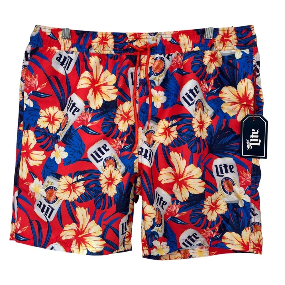 Miller Lite Hibiscus Floral Print Swim Trunks 6.5” Inseam Large